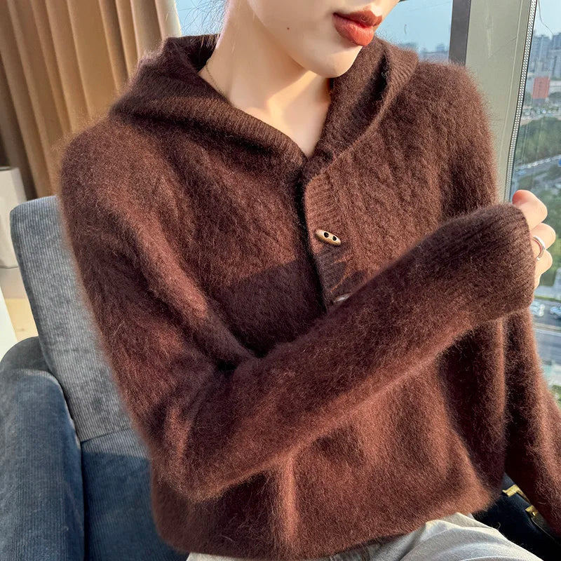 Chunky Knit Loose Hooded Pullover Sweater for Women