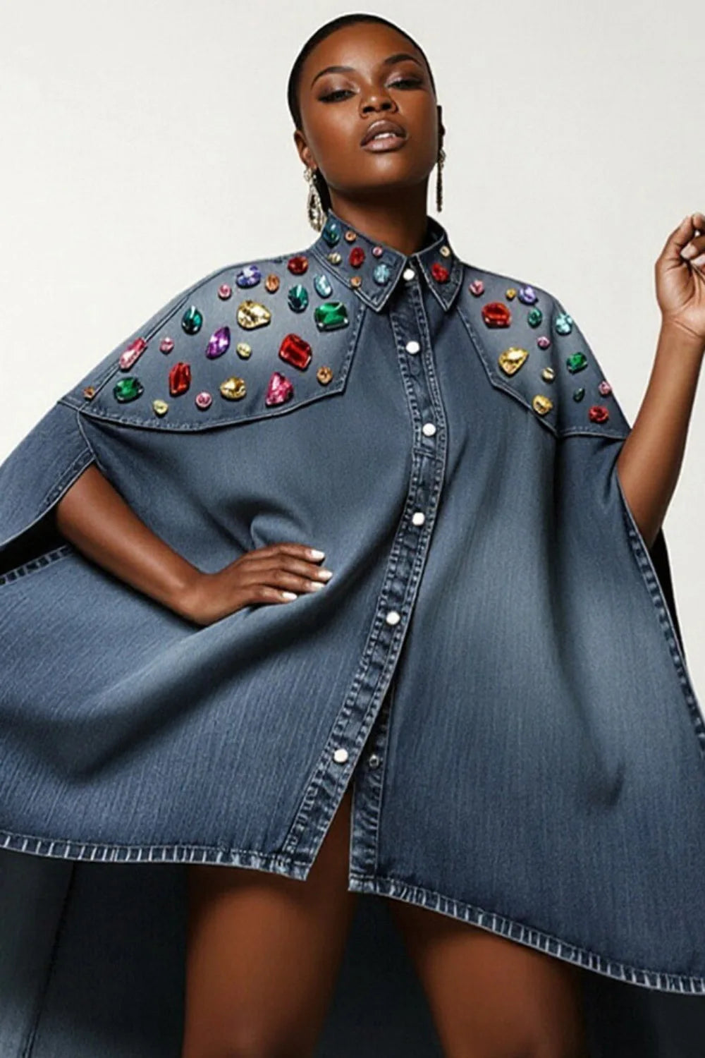 Plus Size Party Blue Shirt Collar Half Sleeve Denim Mini Dress for Women