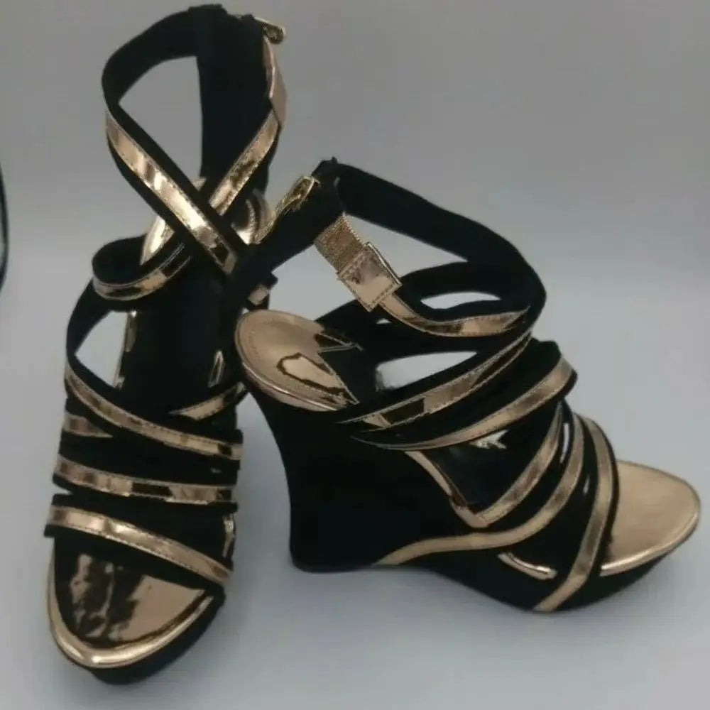 Black Suede Rose Gold Wedge Sandals