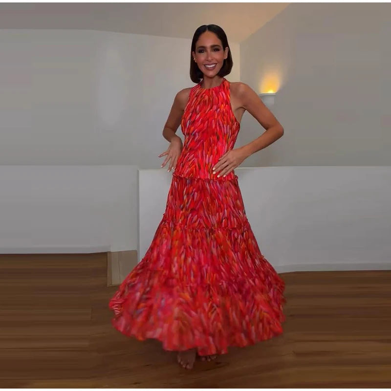 Printed Halter Neck Maxi Dress and Cropped Jacket Set for Women