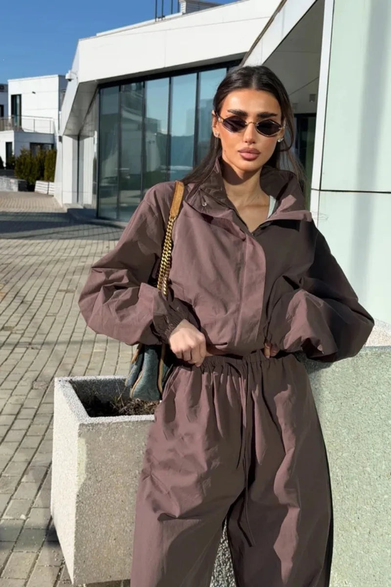 Lace Up Stand Collar Wide Leg Two Piece Set for Women