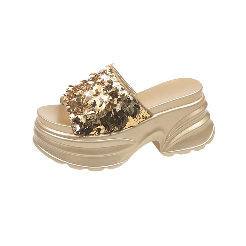 Metallic Sequined Platform Wedge Sandals for Women