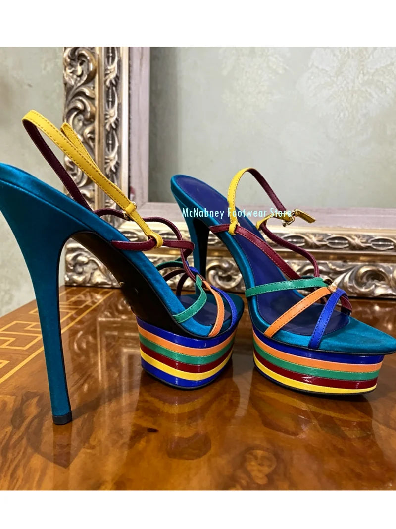 Rainbow Colored Pointed Toe Platform Stiletto Sandals for Women