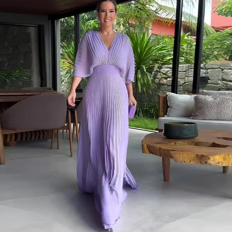 Solid Color V-Neck Bat-Sleeve High-Waisted Dress for Women