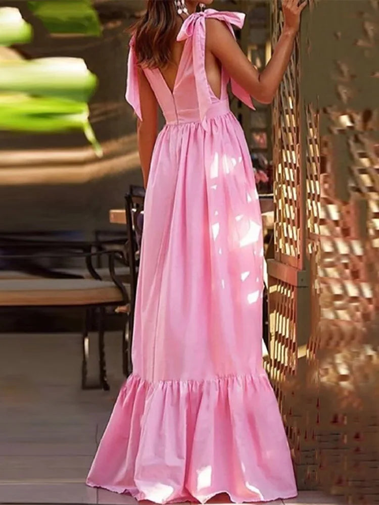 Elegant Backless V-Neck Ruffle Maxi Party Dress for Women