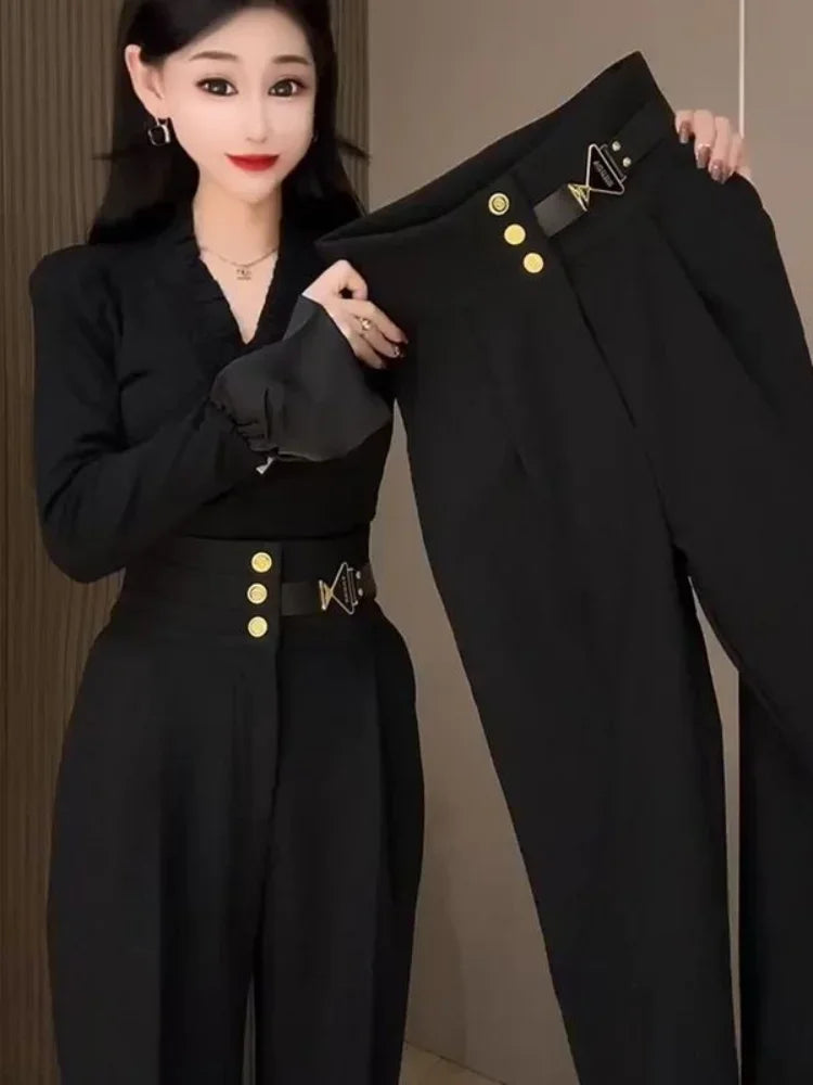 Woman Tailoring Trousers Autumn Winter High Waist Loose Harem Pants for Women Black Buttons Baggy Slacks Casual Nylon Cotton Xxl