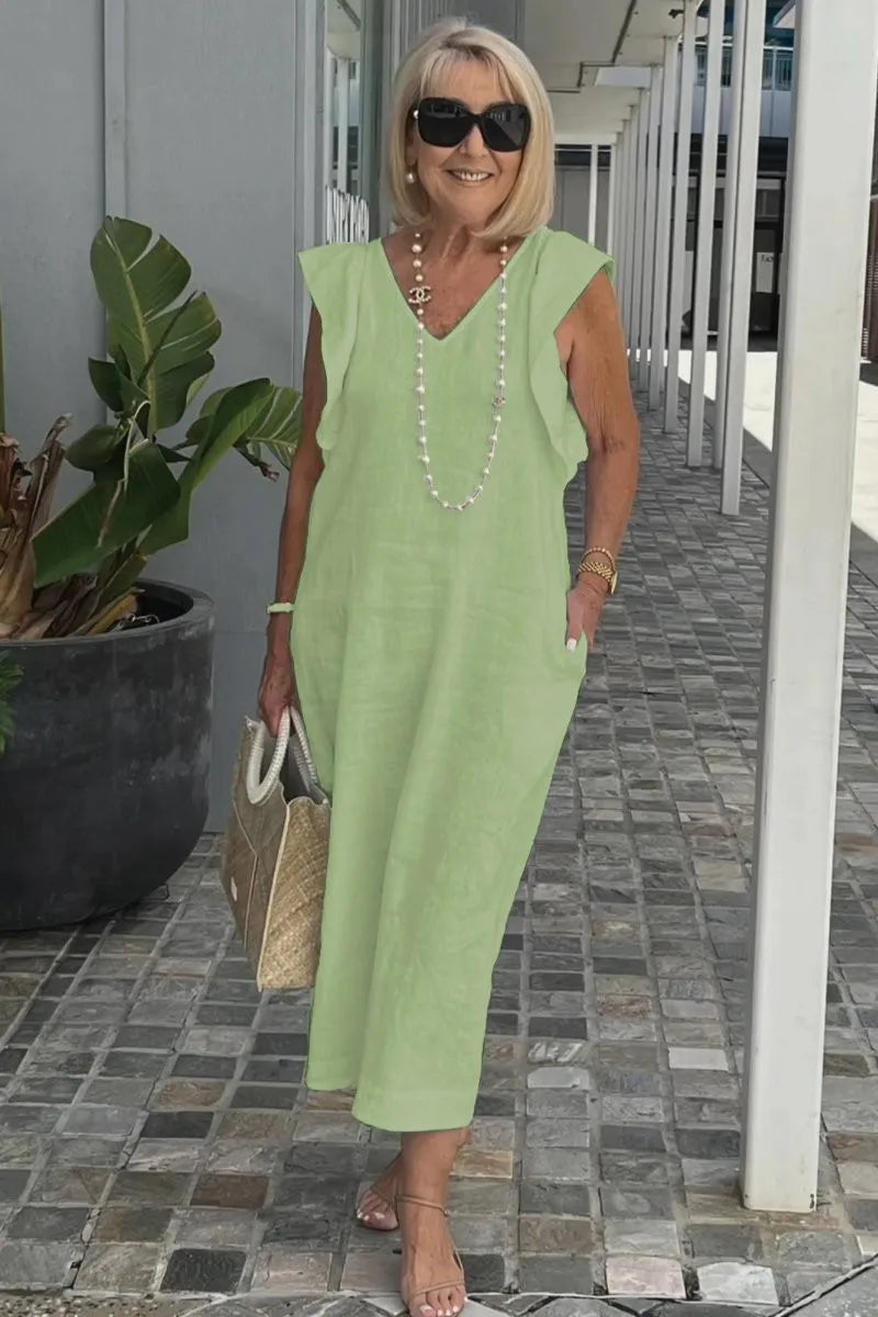 Back Tie Flutter Sleeve Ankle Length Linen Dress for Women