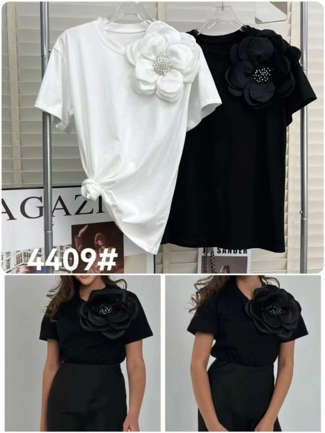 Three-Dimensional Beaded Floral Embroidery Short Sleeve T Shirt for Women