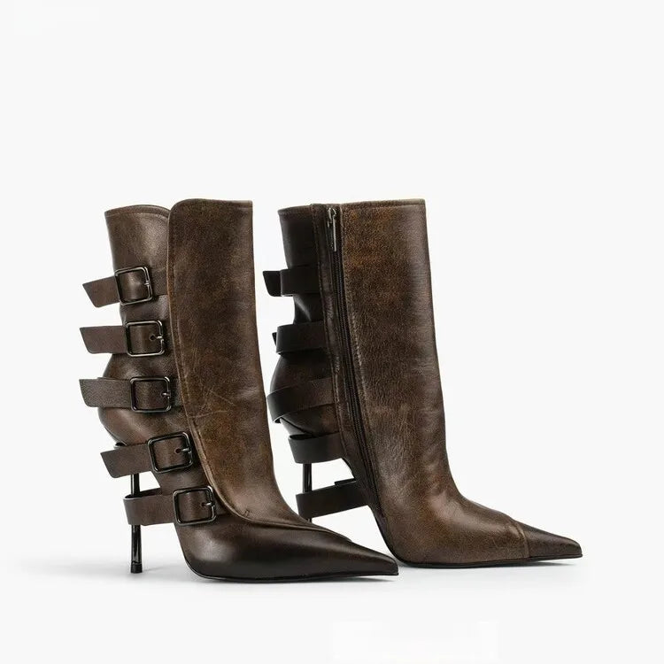 Western Style Pointed Toe Ankle Boots With Thin Heels And Buckles for Women