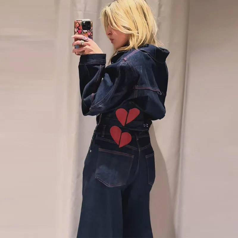 Chic Heart Print Denim Coat and Pants Set for Women