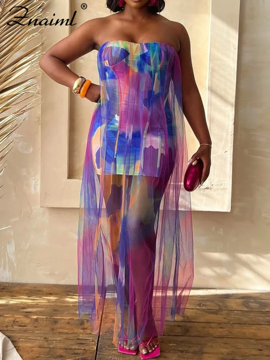 Znaiml Summer Tie Dye Print Women Colorful Off Shoulder Wrapped Chest Dress with Mesh See Through Birthday Vacation Long Dresses