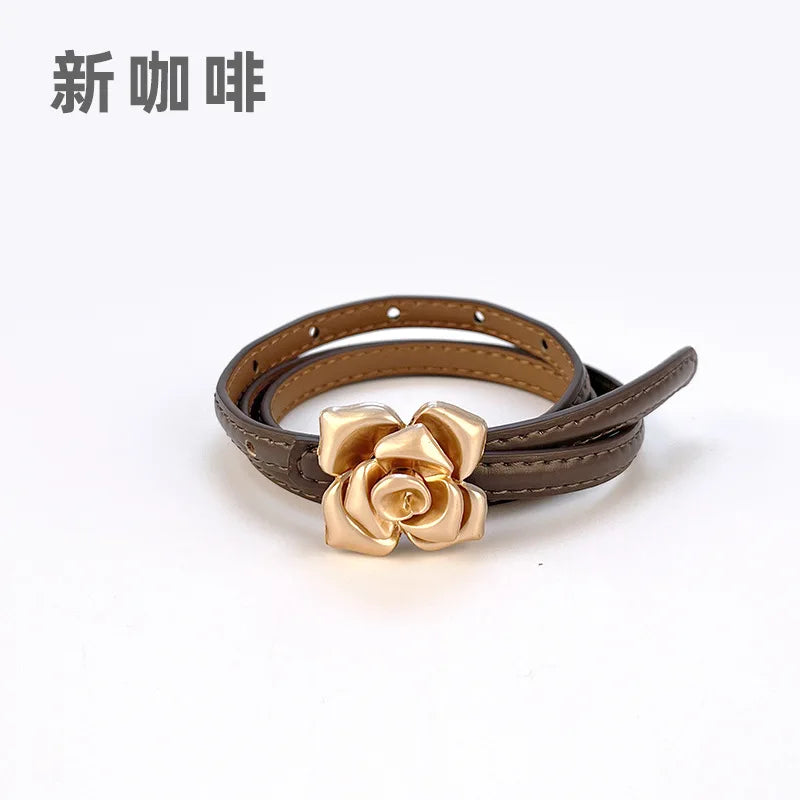 Double Sided Metal Flower Buckle Thin Belt for Women