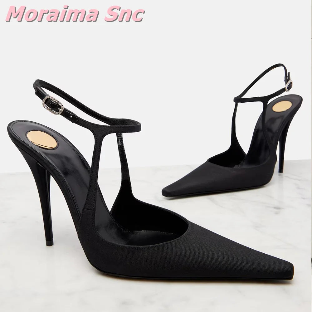 Black Satin Pointed Toe Ankle Strap Stiletto Sandals For Women