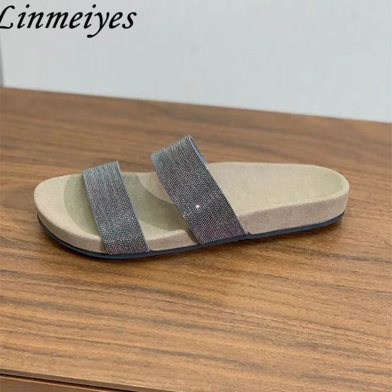 Cow Suede Bead Chain Narrow Strap Slippers for Women