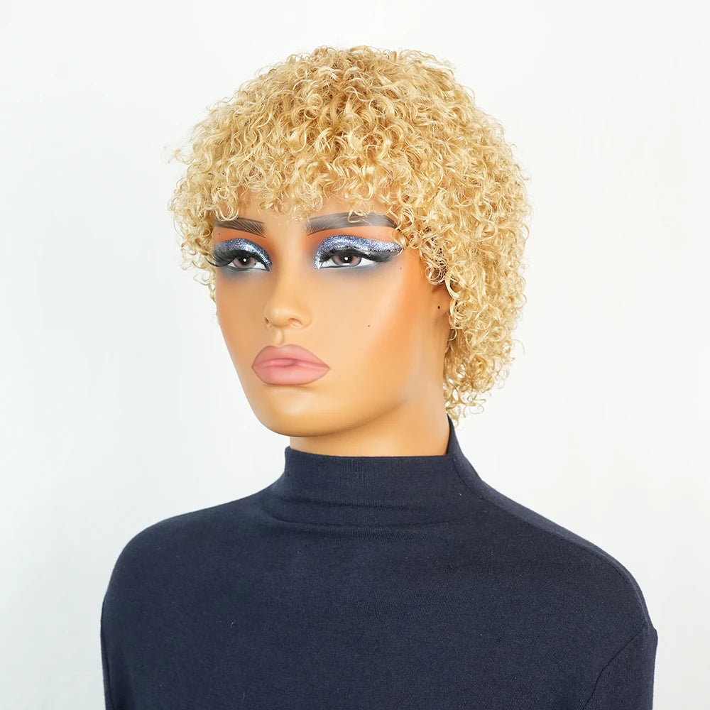 Blonde Brazilian Human Hair Wig Short Deep Wave Pixie Cut with Pre Plucked Bangs for Women Machine Made Curly 100% Human Hair