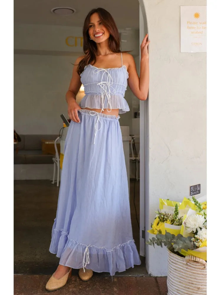 Pleated Bow Suspender Top and Skirt Two Piece Set for Women