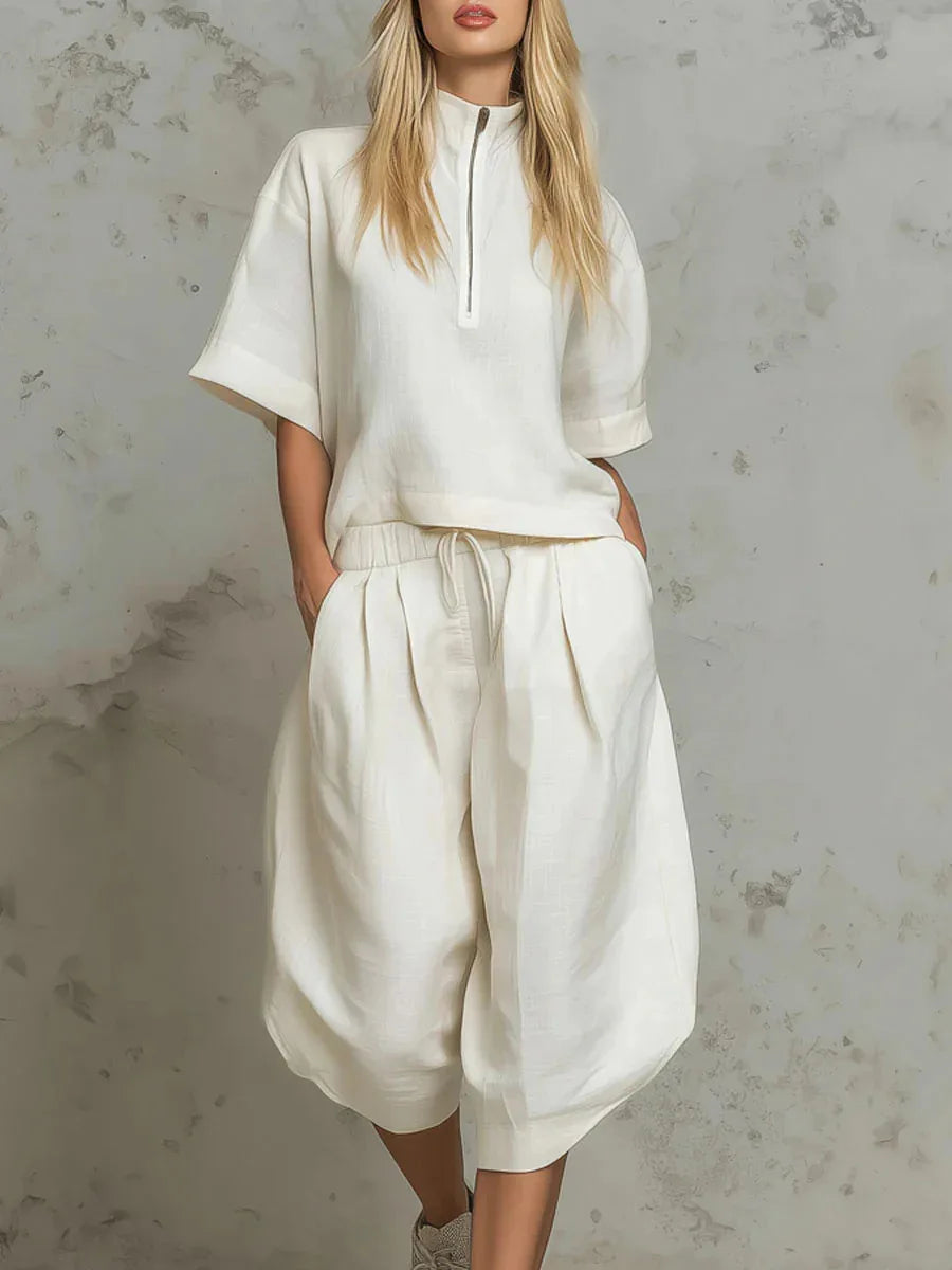 Casual Summer Zipper Neck Two Piece Shorts Set for Women