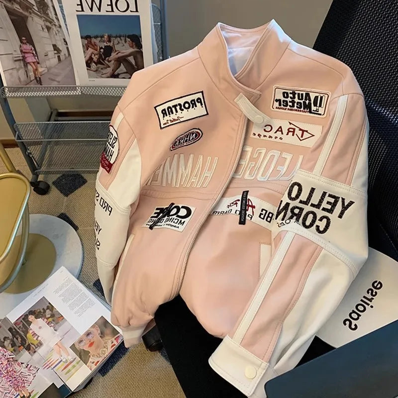 Retro Embroidered Faux Leather Baseball Jacket for Women