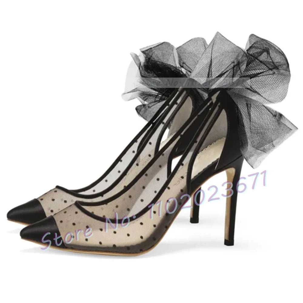 Black Tulle Bow Dots Pumps Women Summer Mesh High Heels Sexy Pointy Wedding Silk Shoes Ladies Party Solid Casual Slingback Pumps