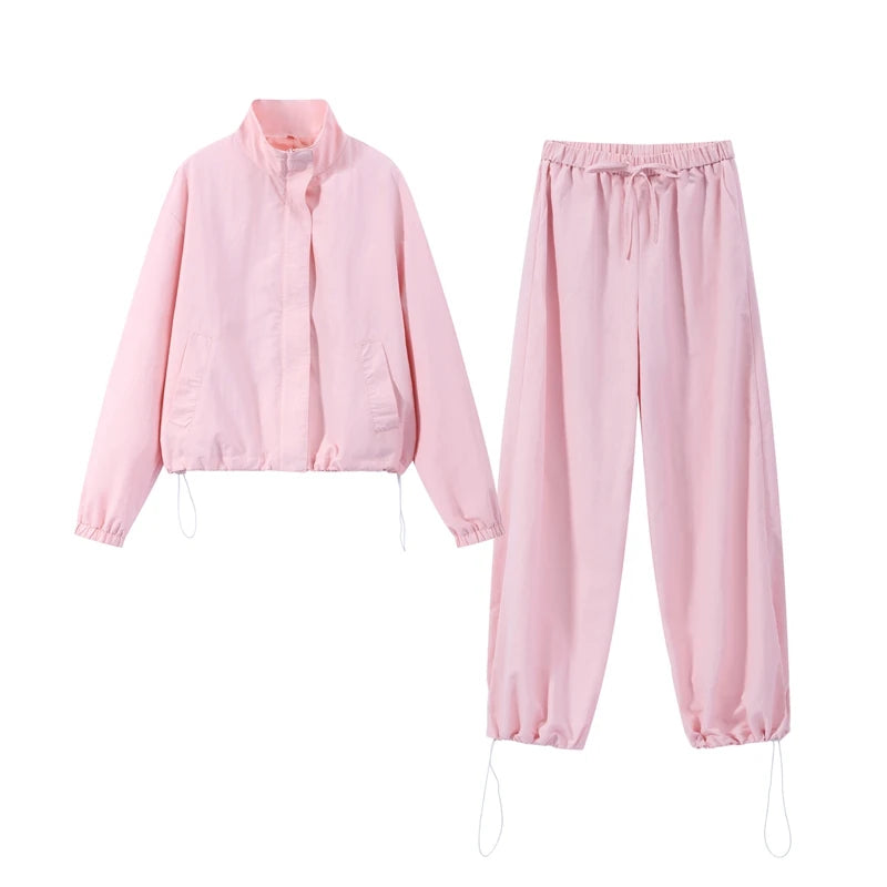 Solid Loose Suit Set with Stand Collar Crop Top and Drawstring Pants for Women