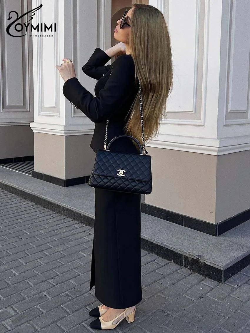 Oymimi Elegant Black Woman 2 Piece Set Outfit Fashion Square Neck Long Sleeve Button Shirts And Straight Ankle-Length Skirts Set