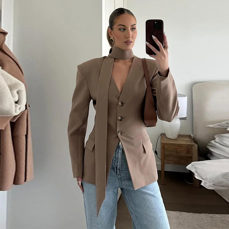 Elegant Slim V-Neck Scarf Trim Blazer Coat for Women