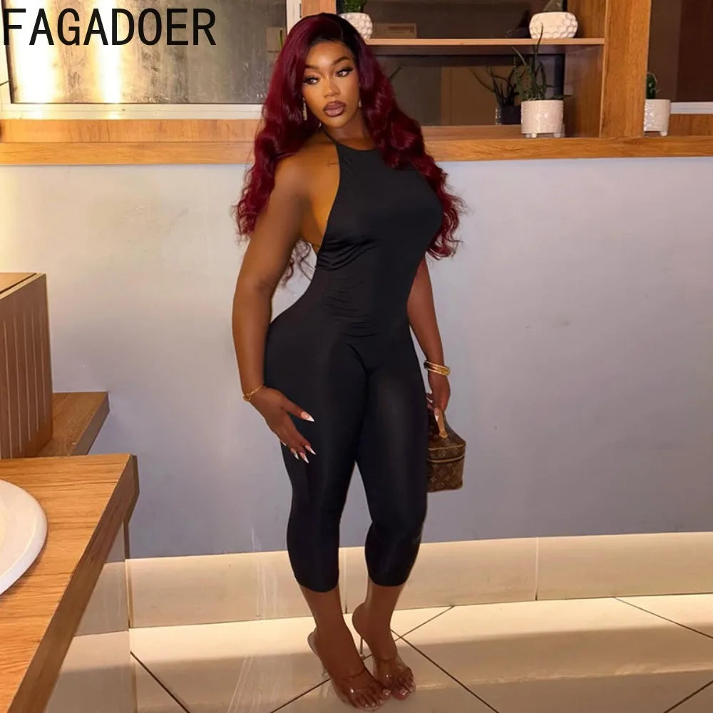 Sexy Solid Color Halter Sleeveless Backless Bodycon Jumpsuit for Women