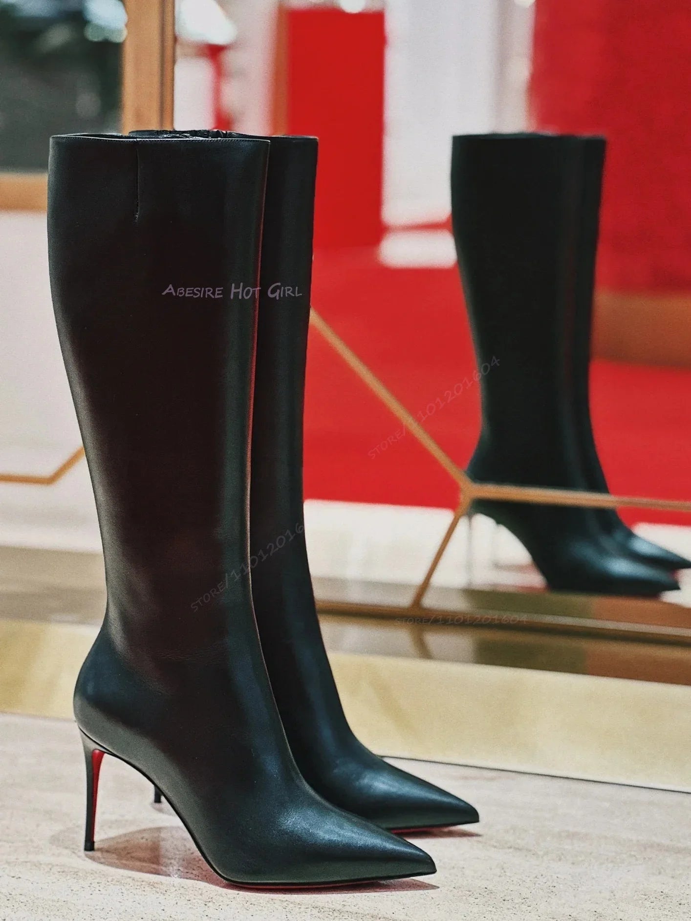 Black Matte Leather Over Knee Stiletto Boots For Women