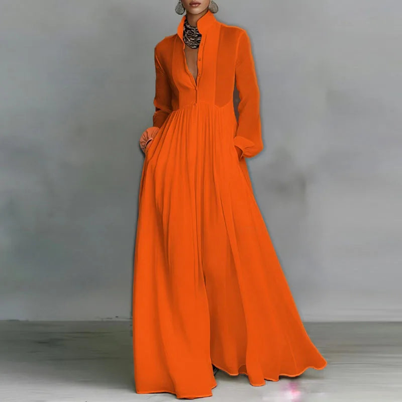 Elegant High Waist Pleated Long Sleeve Maxi Dress for Women