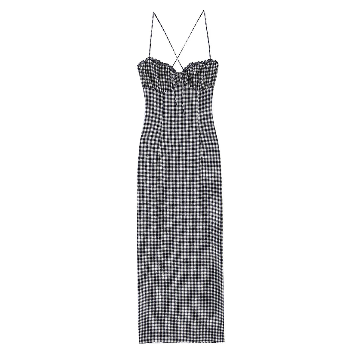Gingham Lace Trim Spaghetti Strap Midi Dress for Women
