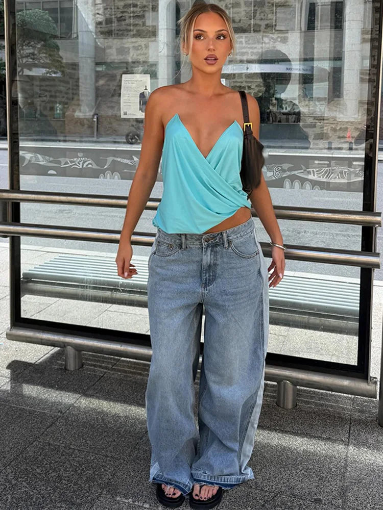 Loose Pleated Halter V Neck Backless Camisole Top for Women