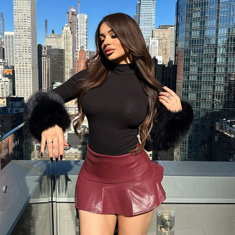 Long Sleeve Fur Patchwork Bodysuit and Shorts Set for Women
