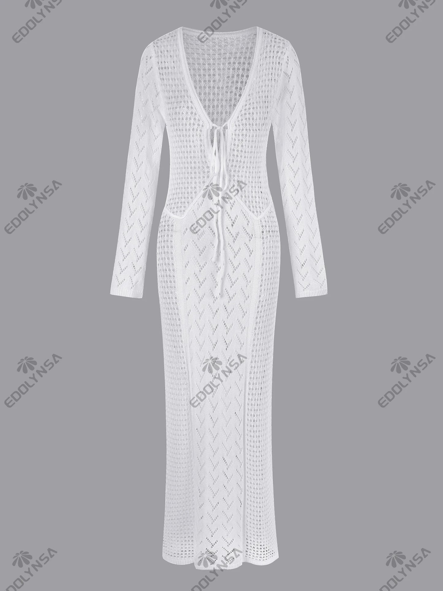 Women Sexy White Knit Swimsuit Cover Up Deep V-neck Tie Hollow Out Long Sleeve Beach Maxi Dress 2025 Summer Holiday Outfit K186