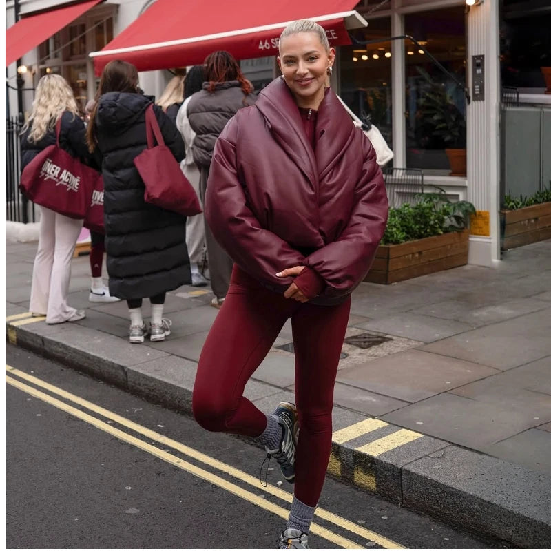 PU Leather Women's Cotton Coat Vintage Laple Full Sleeve Thicken Pockets Female Parka Jackets 2025 Autumn Winter Lady Streetwear