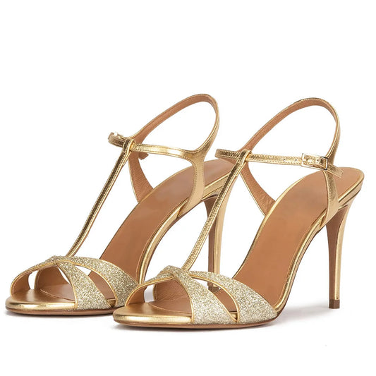 Elegant T Strap Thin Heel Sandals