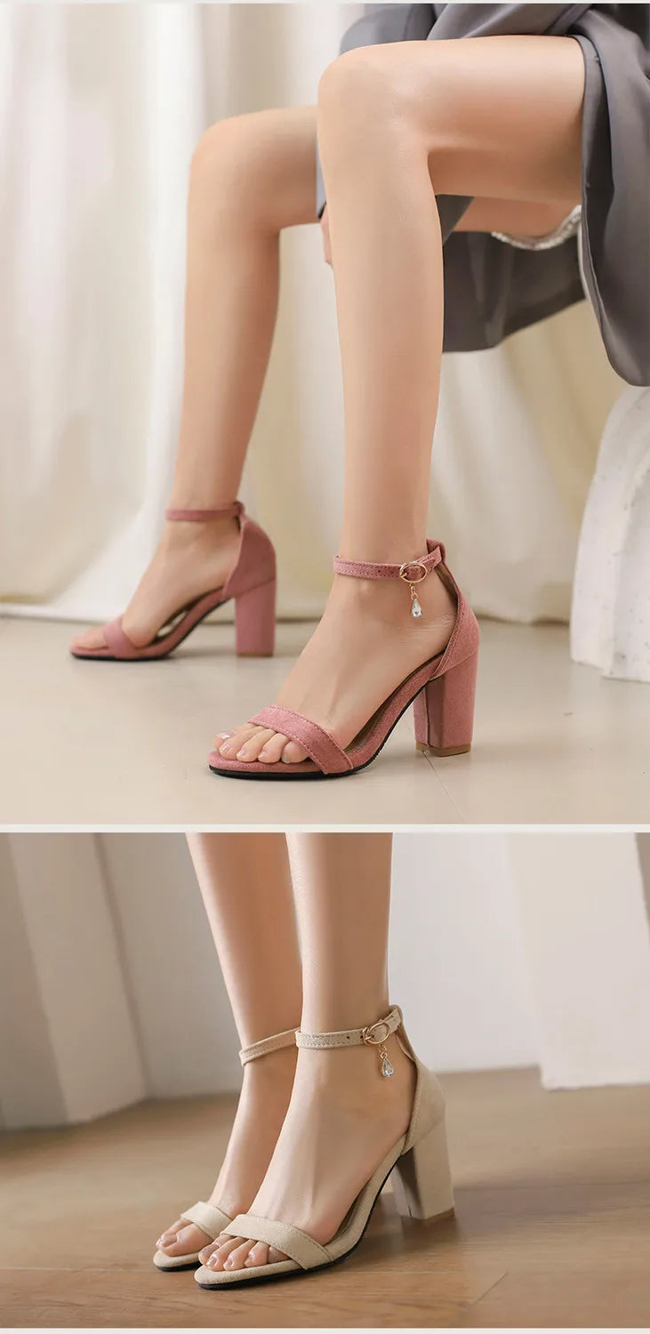 Beige Suede Rhinestone Block Heel Sandals
