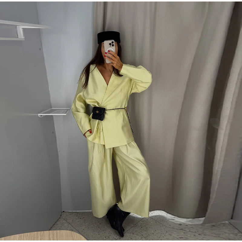 Lace Up Jacket and Wide Leg Pants Suit Set for Women