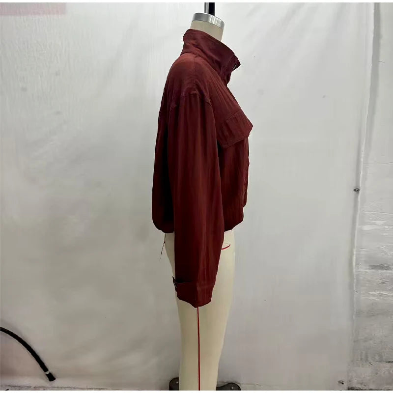 Casual Solid Loose Jacket Stand Collar With Big Pockets for Women