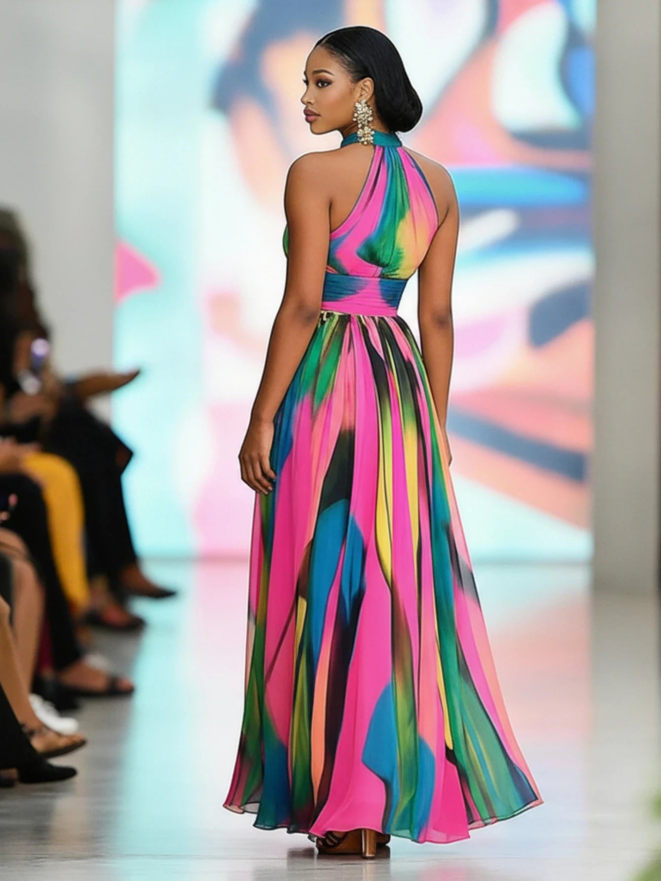 Women Halter Neck Printed Maxi Dress With High Front Slit For Runway Show Formal Evening Prom And Vacation Occasion