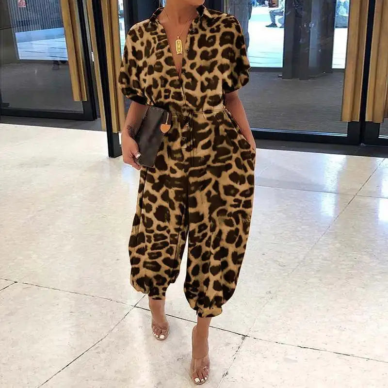 Leopard Print Short Sleeve Lace-Up Pocket Jumpsuit for Women