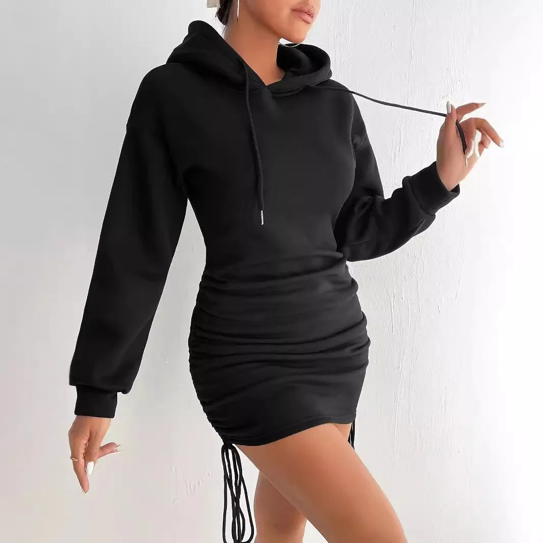 Pleated Hooded Drawstring Sweatshirt Dress for Women