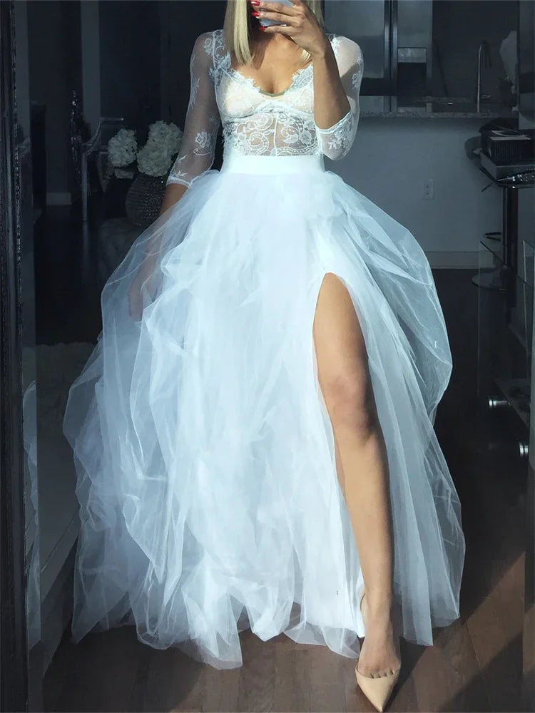 Elegant Layered Tulle Tutu Skirt With High Waist Slit for Women
