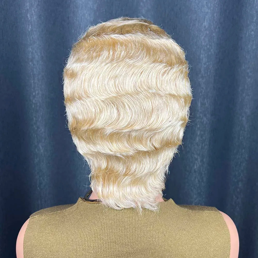 Blonde Finger Wave Pixie Cut Human Hair Wig For Women
