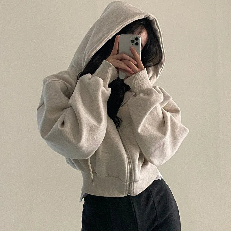 Zip Up Hoodies Women Autumn Winter Warm Fleece Lined Long Sleeve Cropped Jackets New Fashion Hooded Sweatshirts Female Y2K Coats
