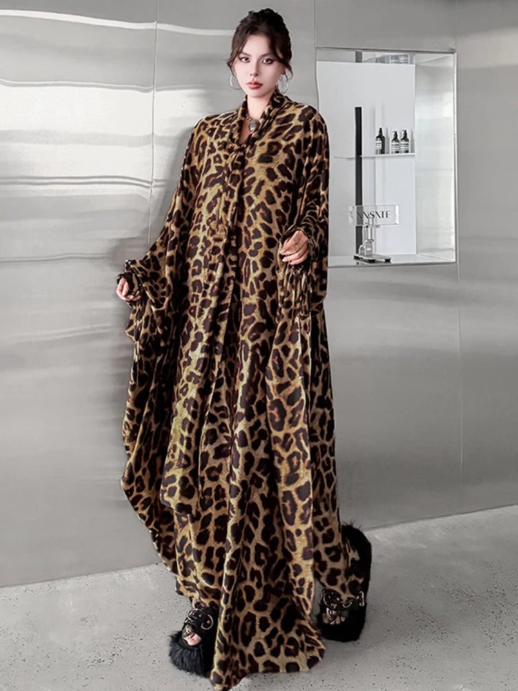 Leopard Print V-Neck Long Sleeve Midi Dress for Women