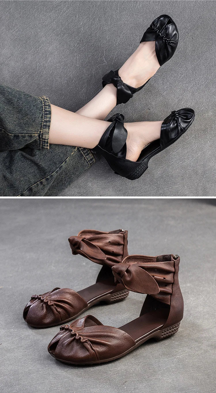Genuine Leather Breathable Low Heel Peep Toe Sandals for Women