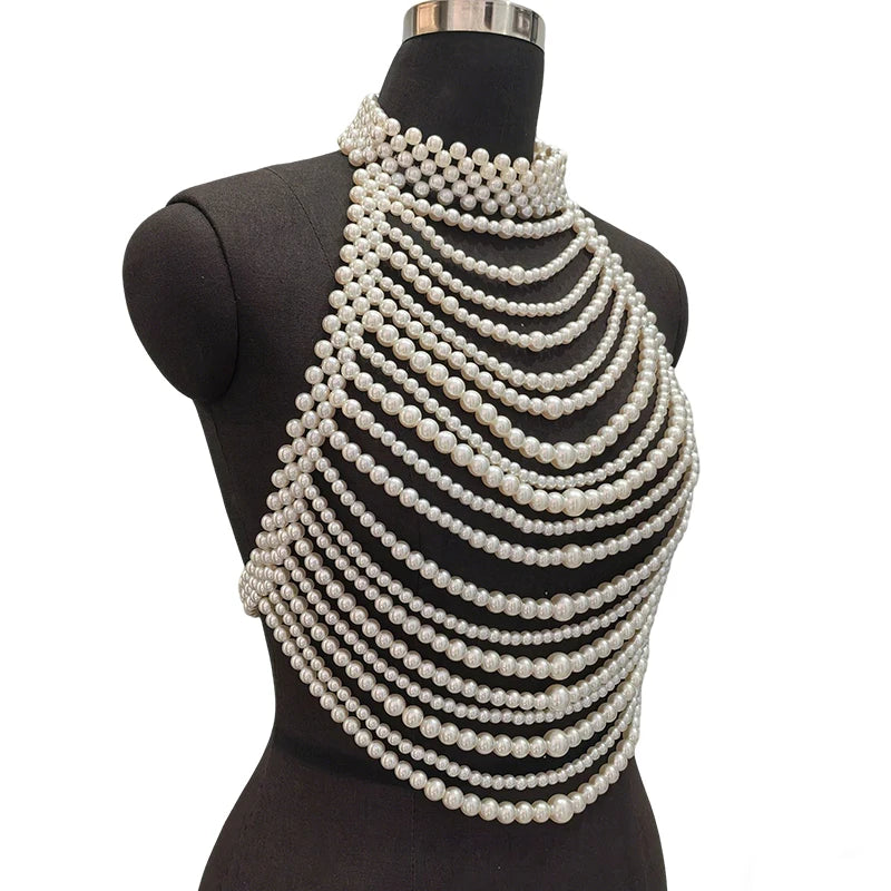 Multilayer White Pearl Bridal Halter Body Chain Jewelry For Women