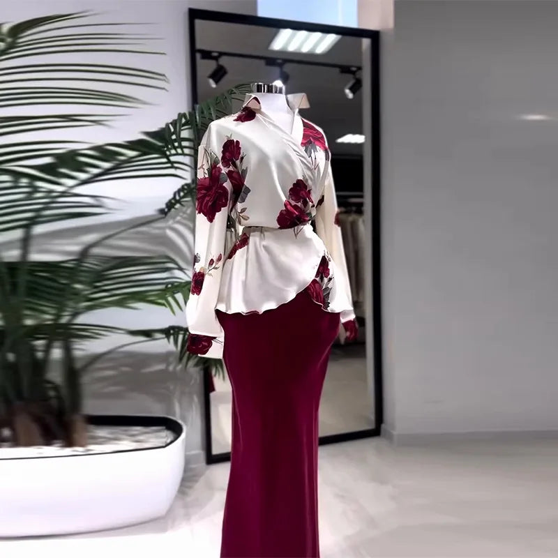 Two Piece Sets Women Skirt Set Turn Down Collar Print Floral Matching Sets Slim Fit Tight Waist Tops Long Skirts Y2k Streetwear