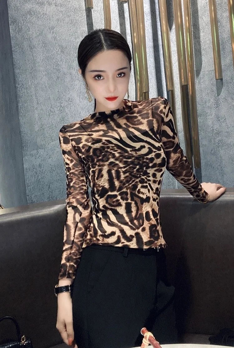 Top Female Mesh Leopard Print Women's Long Sleeve T-shirt Mature Spring Autumn Sexy Korean Reviews Many Clothes Japanese Vintage