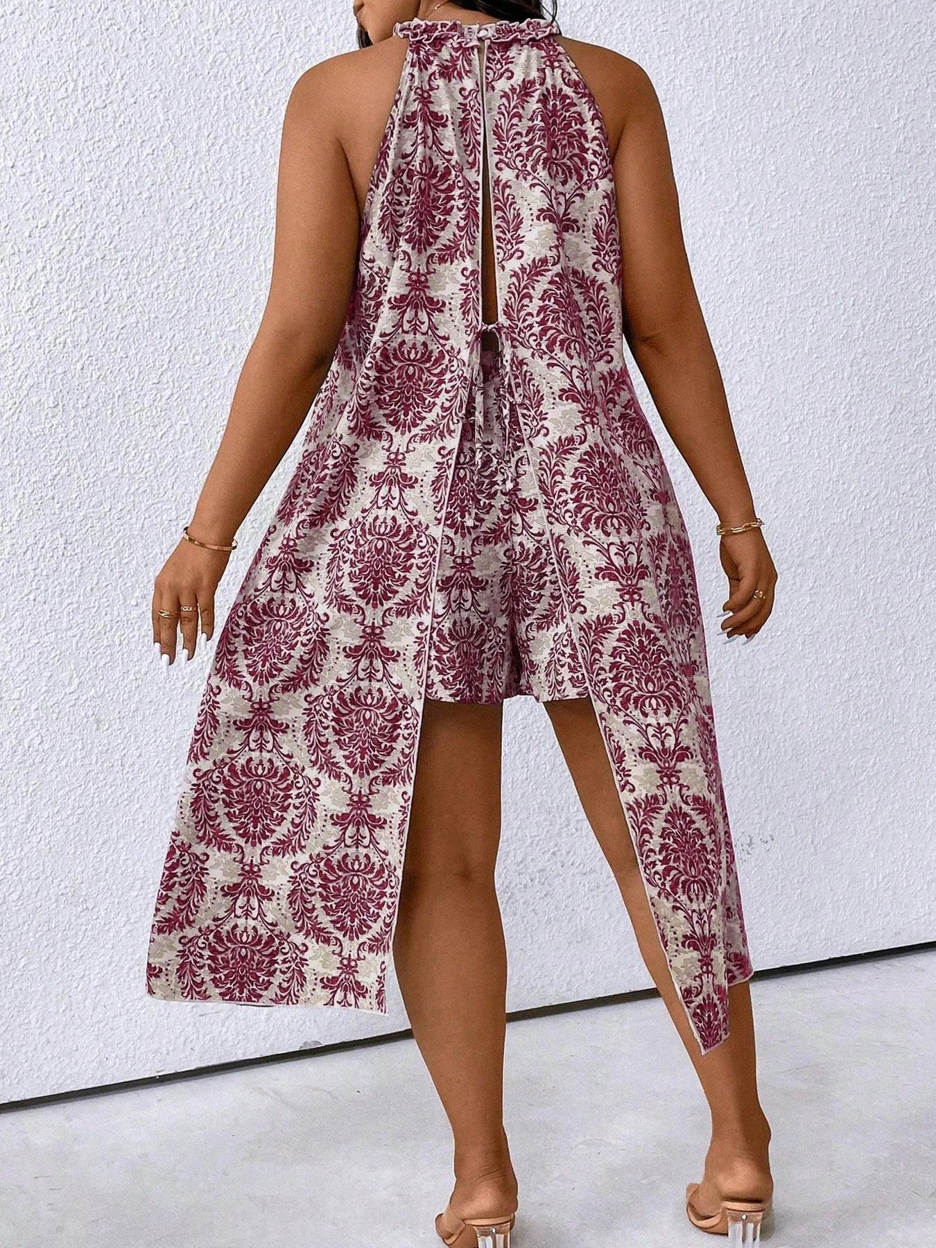 【Plus Size】 Two-piece Set All Over Print Sleeveless Top & Shorts Set, Casual Fashion Two-piece for Daily Wear, Women's Clothing